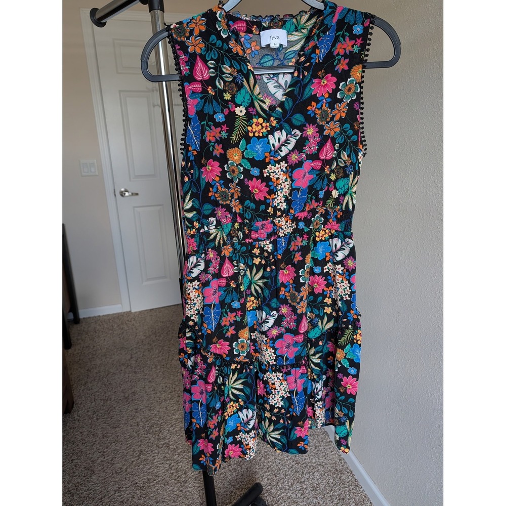 Fyve Womens Floral Sleeveless Mini Dress Black Multi Pom Pom Trim Elastic